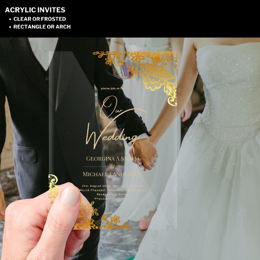 ACRYLIC Wedding Gold Spitzen Text elegant löschen Acryleinladungen