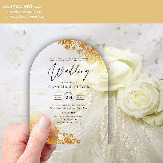 ACRYLIC Wedding Invites Gold Lace Elegantes Highli Acryleinladungen