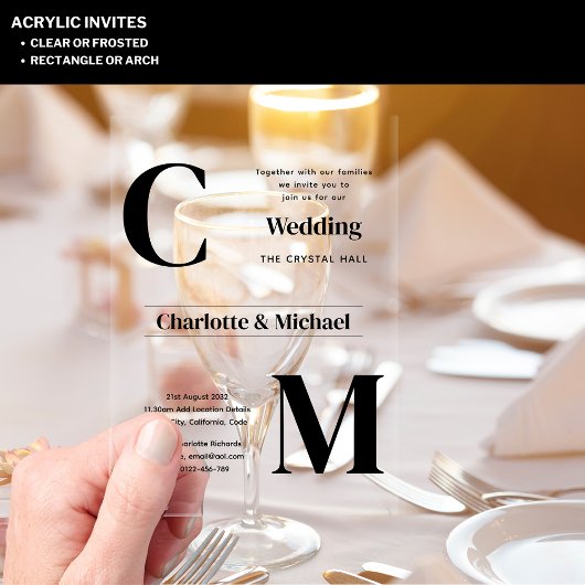 ACRYLIC Wedding lädt den BLACK TEXT Fett Initialen Acryleinladungen