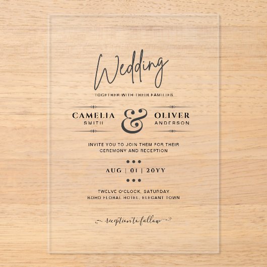 ACRYLIC Wedding lädt den BLACK TEXT Fett Initialen Acryleinladungen (Vorderseite)