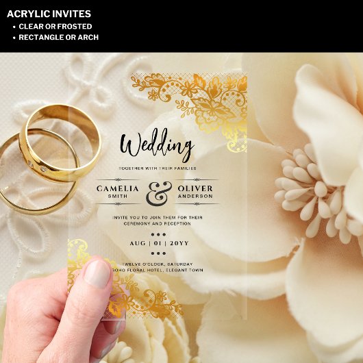 ACRYLIC Wedding lädt ein Elegantes Gold Lace Acryleinladungen