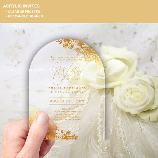 ACRYLIC Wedding lädt Gold Lace Text Elegant ein Acryleinladungen