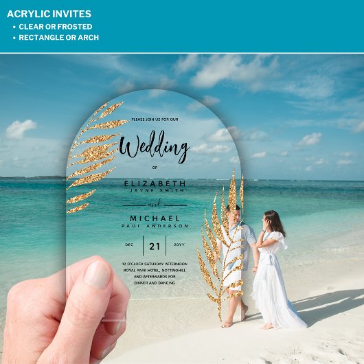 ACRYLIC Wedding lädt Tropical Gold Leaf Beach ein Acryleinladungen