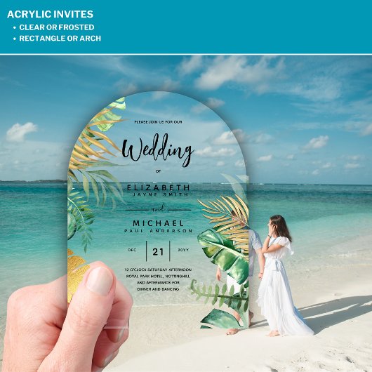 ACRYLIC Wedding lädt Tropical Gold Leaf Beach ein Acryleinladungen