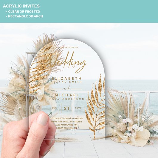 ACRYLIC Wedding lädt Tropical Gold Leaf Beach ein Acryleinladungen