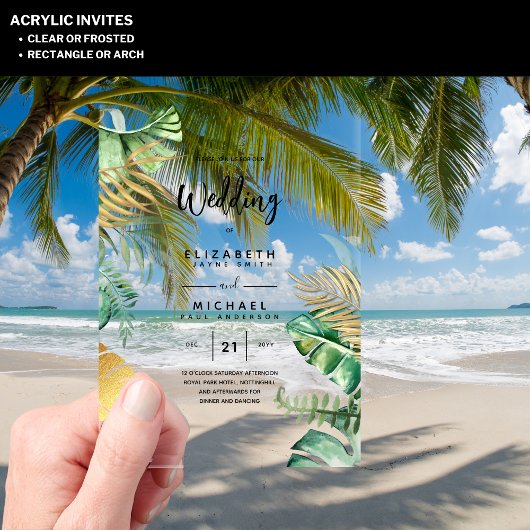 ACRYLIC Wedding lädt Tropical Gold Leaf Beach ein Acryleinladungen