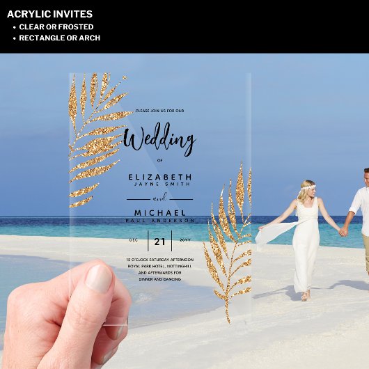 ACRYLIC Wedding lädt Tropical Gold Leaf Beach ein Acryleinladungen