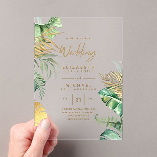 ACRYLIC Wedding lädt Tropical Gold Leaf Beach ein Acryleinladungen (Insitu (Handheld))