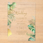 ACRYLIC Wedding lädt Tropical Gold Leaf Beach ein Acryleinladungen (Vorderseite)