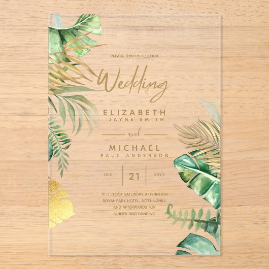 ACRYLIC Wedding lädt Tropical Gold Leaf Beach ein Acryleinladungen (Vorderseite)