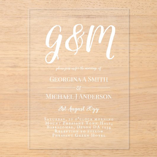 ACRYLIC Wedding lädt WHITE TEXT Fett Initialen ein Acryleinladungen (Vorderseite)