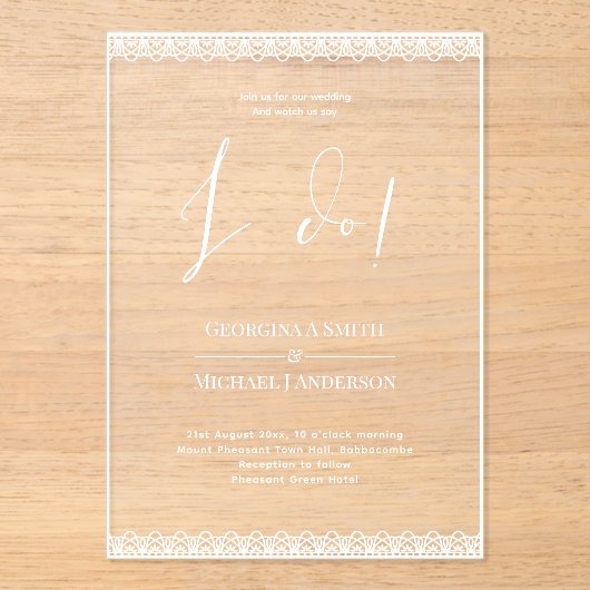 ACRYLIC Wedding lädt WHITE TEXT Lace Modern ein Acryleinladungen (Vorderseite)