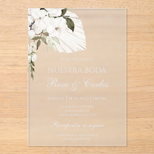 Acrylic white boho Spanish wedding Acryleinladungen (Vorderseite)