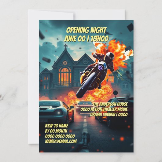 Actionfilm Poster Kinoabend editierbare DIY Einladung (Rückseite)