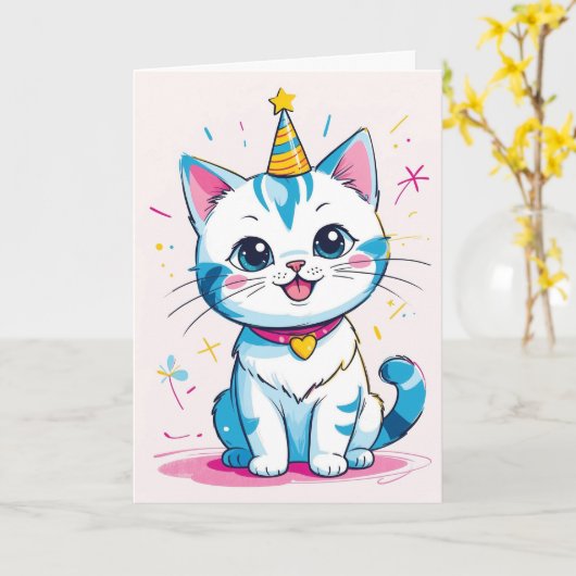 Adable Birthday Cat - Anpassbare Kinderkarte Karte (Gelbe Blume)