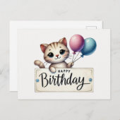 Adable Cat mit Balloons Geburtstagskarte Postkarte (Vorne/Hinten)
