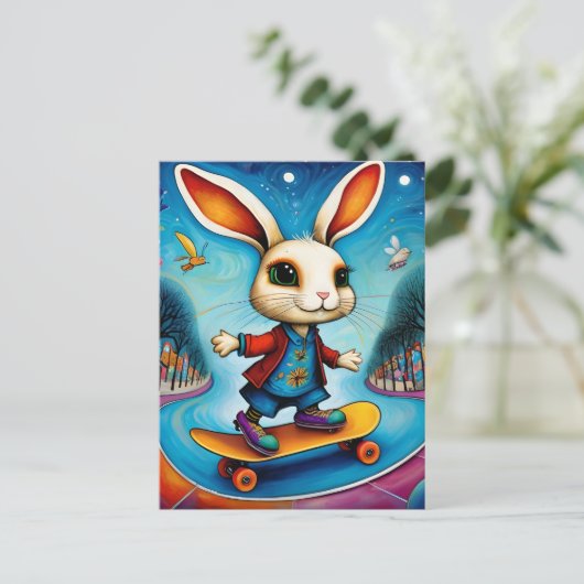Adable Skateboarding Rabbit Postkarte (Stehend Vorderseite)