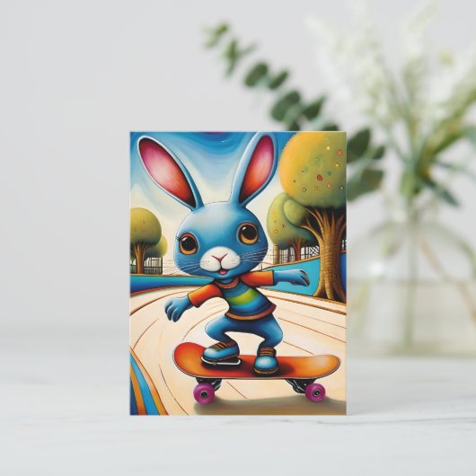 Adable Skateboarding Rabbit Postkarte (Stehend Vorderseite)