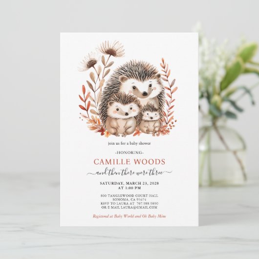 Adable Watercolor Kinderdusche Igel Einladung (Stehend Vorderseite)