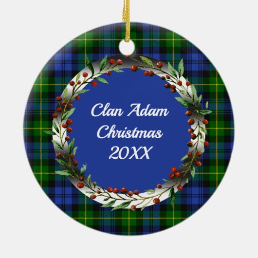 Adam-Clan-Abzeichen und -Tartan personalisierter W Keramik Ornament (Hinten)