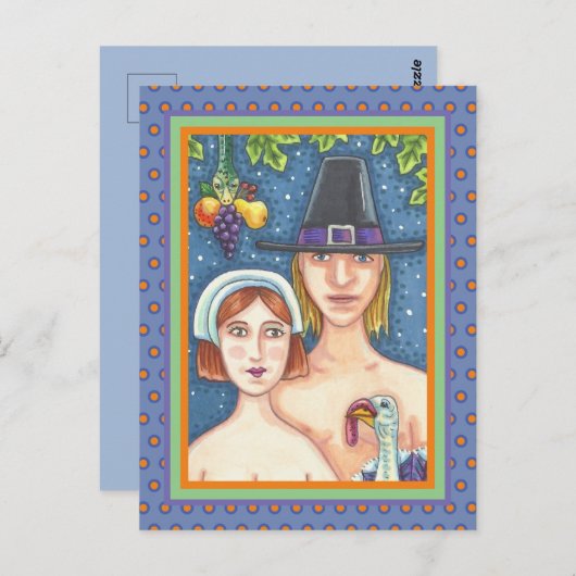 ADAM & EVE PILGRIMS, BIBLICAL WHIMSY ERNTEDANK POSTKARTE (Vorne/Hinten)