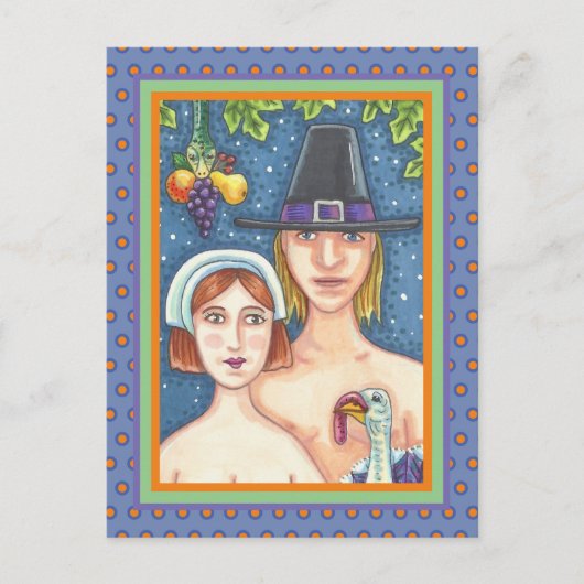 ADAM & EVE PILGRIMS, BIBLICAL WHIMSY ERNTEDANK POSTKARTE (Vorderseite)