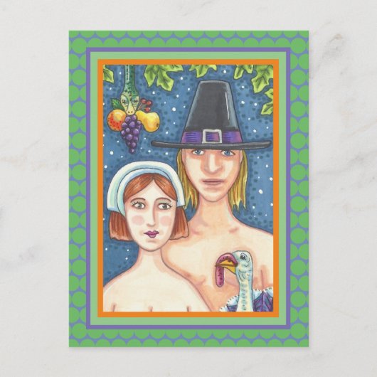 ADAM & EVE PILGRIMS, BIBLICAL WHIMSY ERNTEDANK POSTKARTE (Vorderseite)