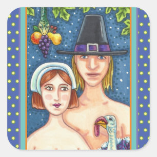 ADAM & EVE PILGRIMS, BIBLICAL WHIMSY ERNTEDANK QUADRATISCHER AUFKLEBER