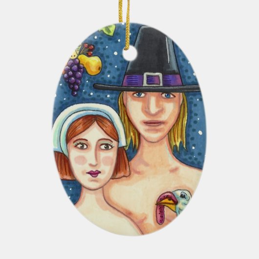 ADAM & EVE PILGRIMS ERNTEDANK HALTEN KERAMIK ORNAMENT (Hinten)