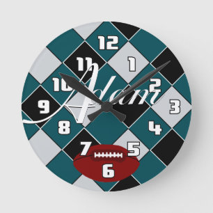 Adam Football Green Black Silver Checked Clock Runde Wanduhr