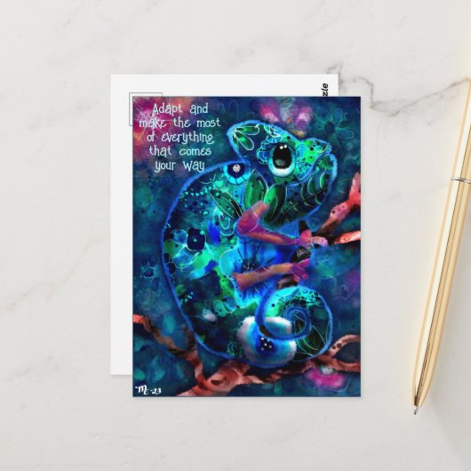 'Adapt' Whimsical Chameleon Inspiration Aquamarin Postkarte (Vorderseite/Rückseite Beispiel)