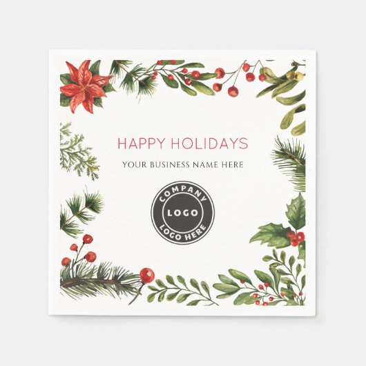 Add Business Logo Happy Holidays Berries Paper Serviette (Vorderseite)