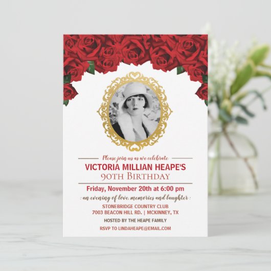 ADD FOTO - Rose Meilenstein Geburtstag Einladung (Stehend Vorderseite)