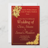 Add Guest Name Gold Rose Flower Maroon Red Wedding Einladung (Vorderseite)