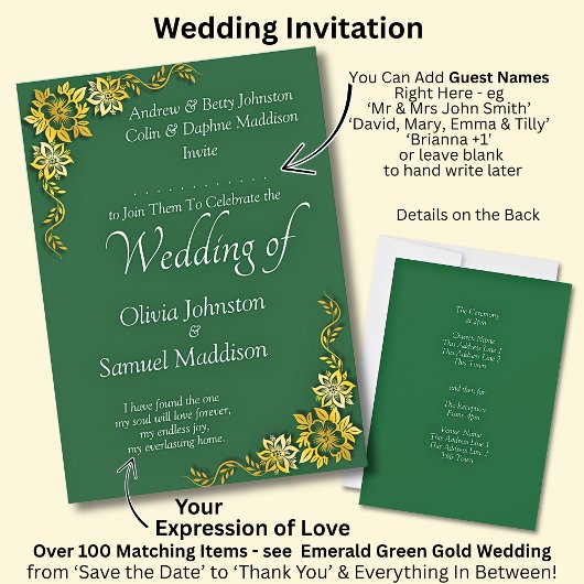 Add Guest Name Purple Emerald Green & Gold Wedding Einladung