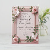 Add Guest Names, Doves and Pink Roses Invitation Einladung (Stehend Vorderseite)