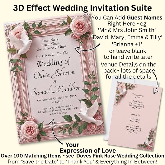 Add Guest Names, Doves and Pink Roses Invitation Einladung