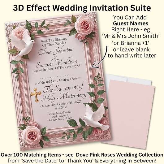 Add Guest Names, Doves and Pink Roses Invitation Einladung