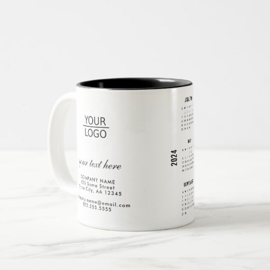 Add Logo Custom Text Company 2024 Calendar Zweifarbige Tasse (Vorderseite Links)