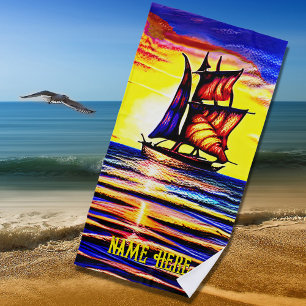 Add Name, Abstract Sailing Ship with Brown Sails Strandtuch