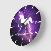 ADD NAME / Beautiful Unicorn Lila Space Runde Wanduhr (Winkel)
