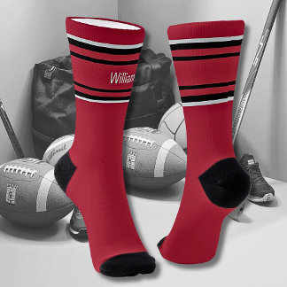 Add Name Black & Grey Stripes on Dark Red Socks Socken