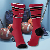 Add Name Black & Grey Stripes on Dark Red Socks Socken