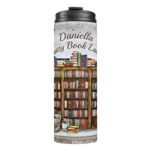 Add Name, Crazy Book Lady, Bookshelf Chair  Thermosbecher (Vorderseite)