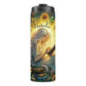 Add Name, Lady Reading in Glow with Sunflowers  Thermosbecher (Vorderseite)