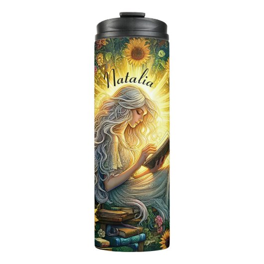 Add Name, Lady Reading in Glow with Sunflowers  Thermosbecher (Vorderseite)