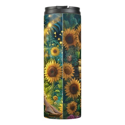 Add Name, Lady Reading in Glow with Sunflowers  Thermosbecher (Rückseite)