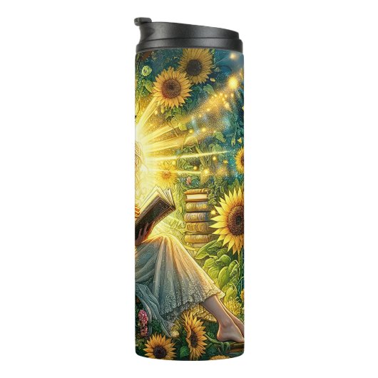 Add Name, Lady Reading in Glow with Sunflowers  Thermosbecher (Nach rechts gedreht)