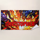 Add Name, Red Orange Blue Fire Flames Beach Towel Strandtuch (Vorderseite)