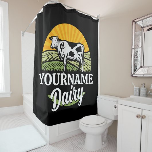 ADD NAME Sunset Dairy Farm Grazing Holstein Kuh Duschvorhang (Beispiel)